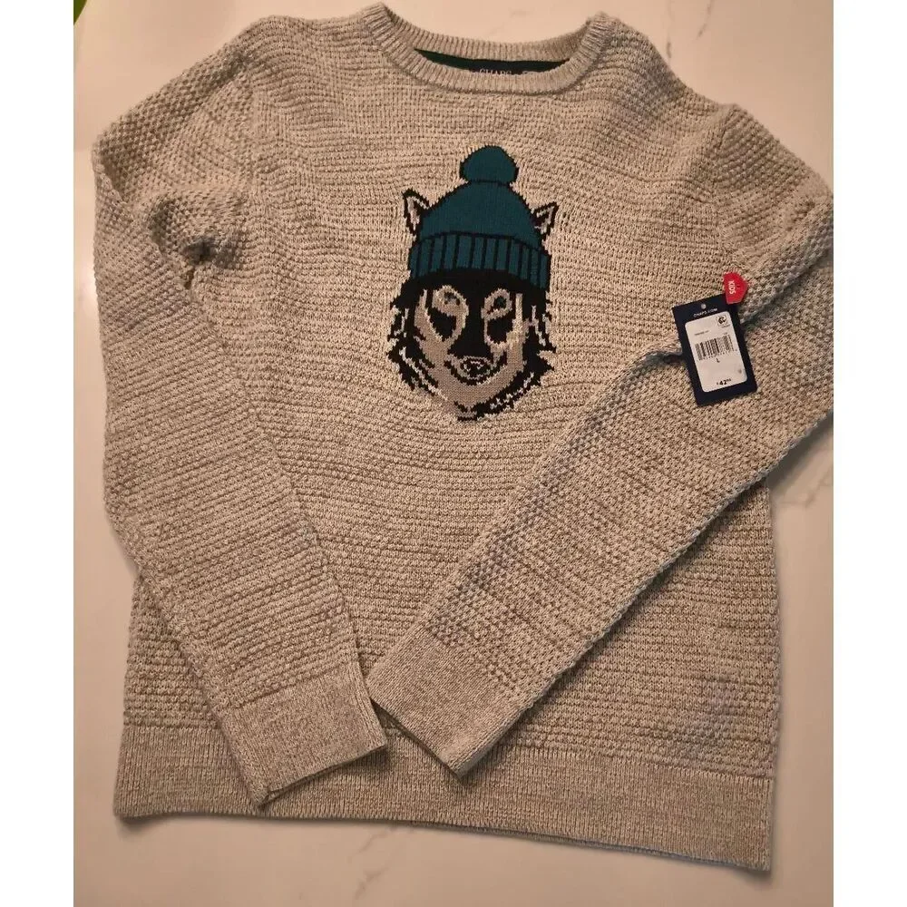 Chaps Kids Wolf Intarsia Crewneck Knit Sweater Size L Tan sweater wolf Green tob